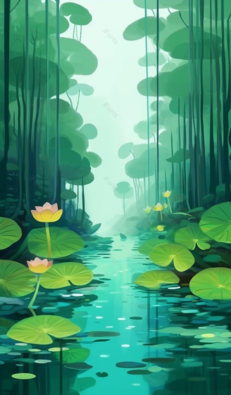 日出唯美绿色夏至池塘的荷叶风景清新插画背景,插画/手绘图,插画/手绘图库,插画/手绘图下载,插画/手绘
